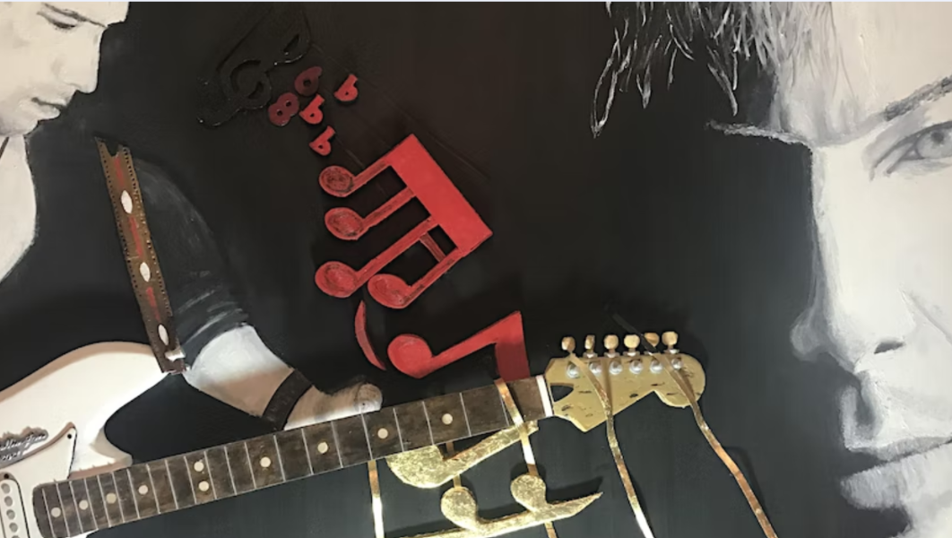Memorial painting of Adam Wallington with his guitar, surrounded by dimensional red and gold musical notes.